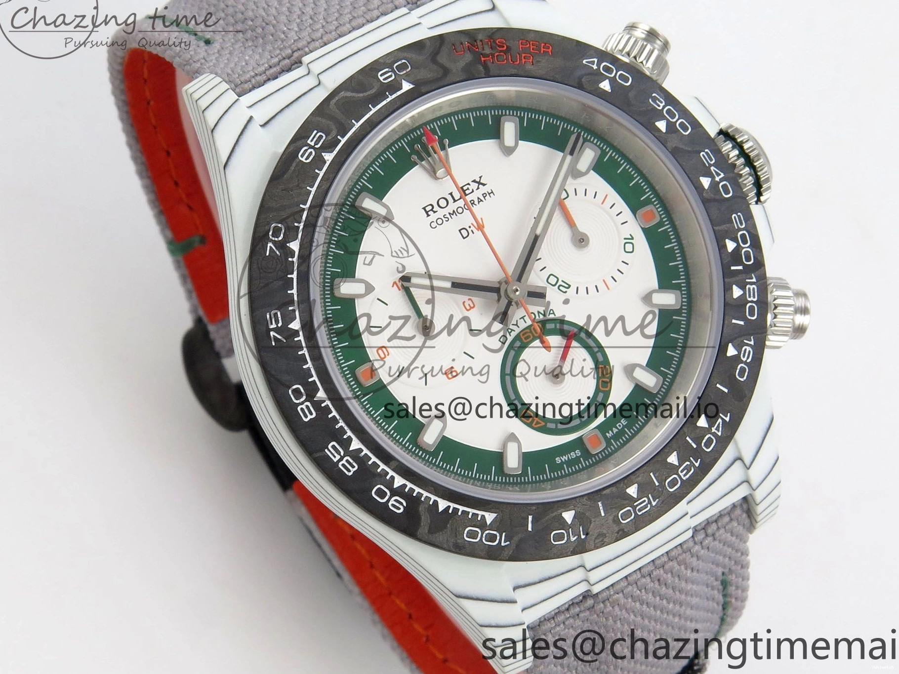 Grey Carbon Edition DIW on and White A7750 Nylon Case Daytona Strap Dial Bezel Green DIWF 0403